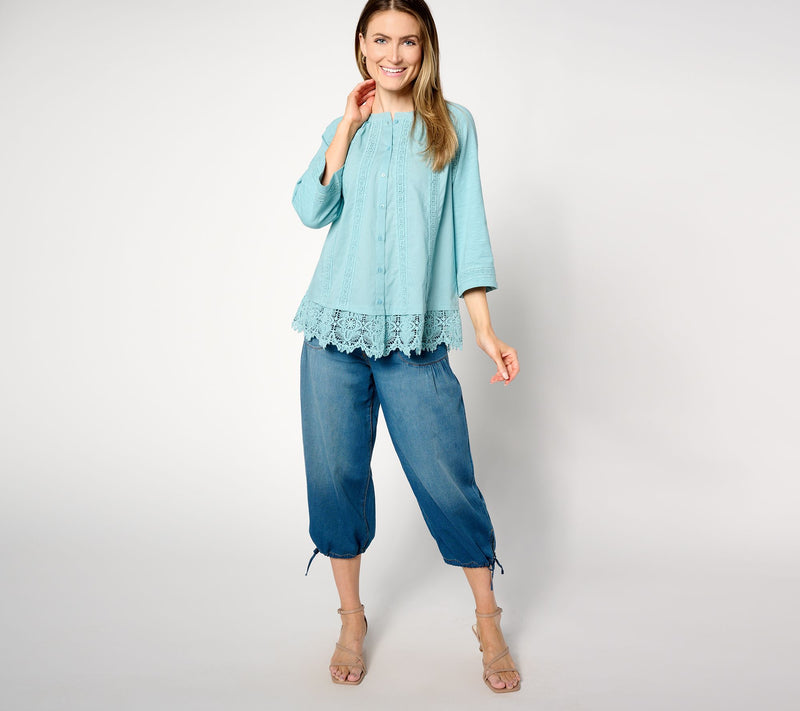 LOGO Lavish by Lori Goldstein Woven Button Front Top with Lace Trim — View 15