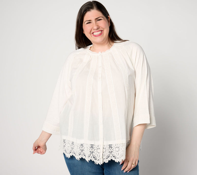 LOGO Lavish by Lori Goldstein Woven Button Front Top with Lace Trim — View 5