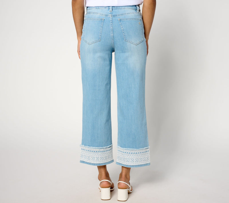 Susan Graver Regular Stretch Denim Wide-Leg Crop Jean with Lace Trim — View 2