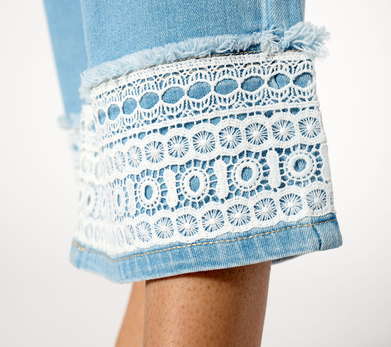 Susan Graver Regular Stretch Denim Wide-Leg Crop Jean with Lace Trim — View 4