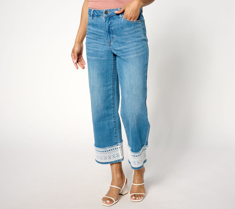 Susan Graver Regular Stretch Denim Wide-Leg Crop Jean with Lace Trim — View 9