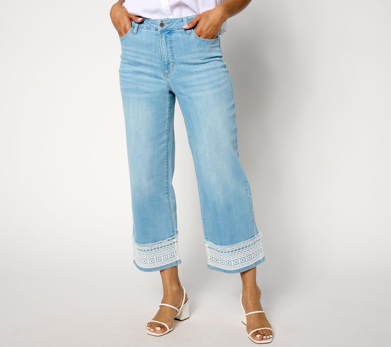 Susan Graver Regular Stretch Denim Wide-Leg Crop Jean with Lace Trim — Main view
