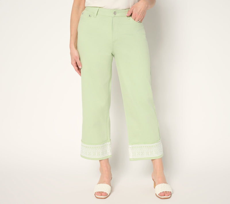 Susan Graver Petite Stretch Denim Wide-Leg Crop Jean with Lace Trim — View 8