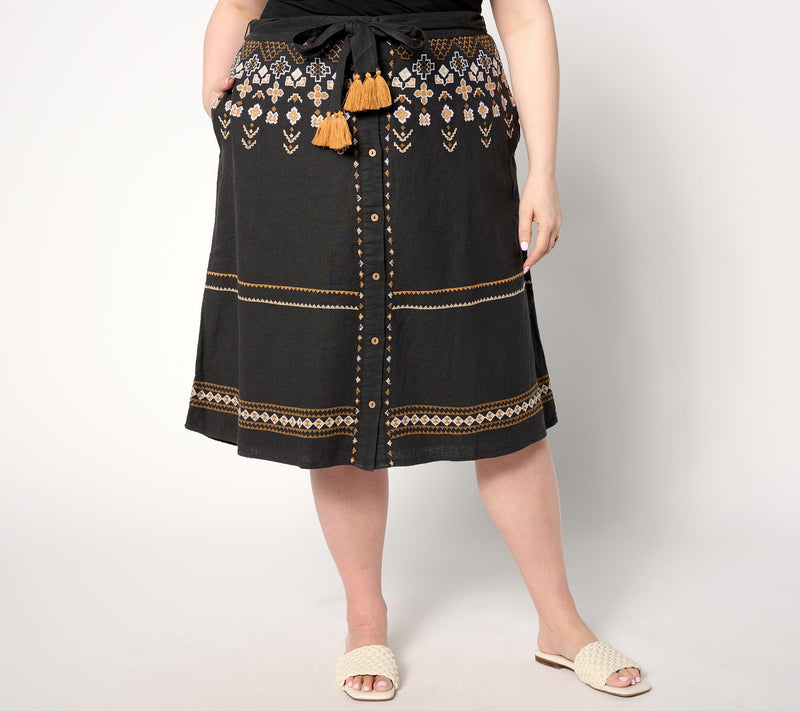 Denim & Co. Canyon Retreat Oasis Embroidered Linen Skirt — View 10