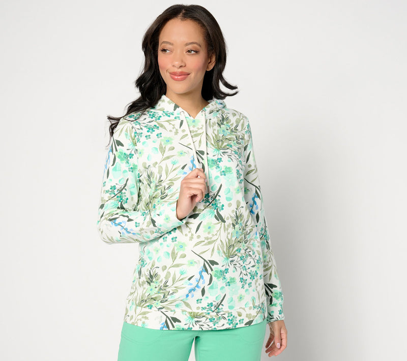 Denim & Co. Printed French Terry Long Sleeve Hooded Pullover — View 2