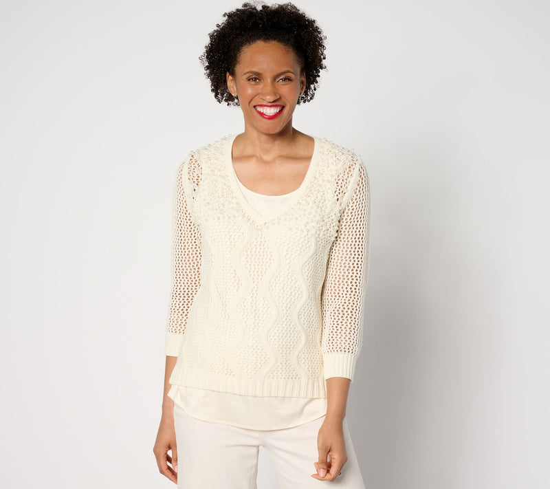 Isaac Mizrahi Live! Wavy Mesh and Charmeuse Twofer Sweater — View 10