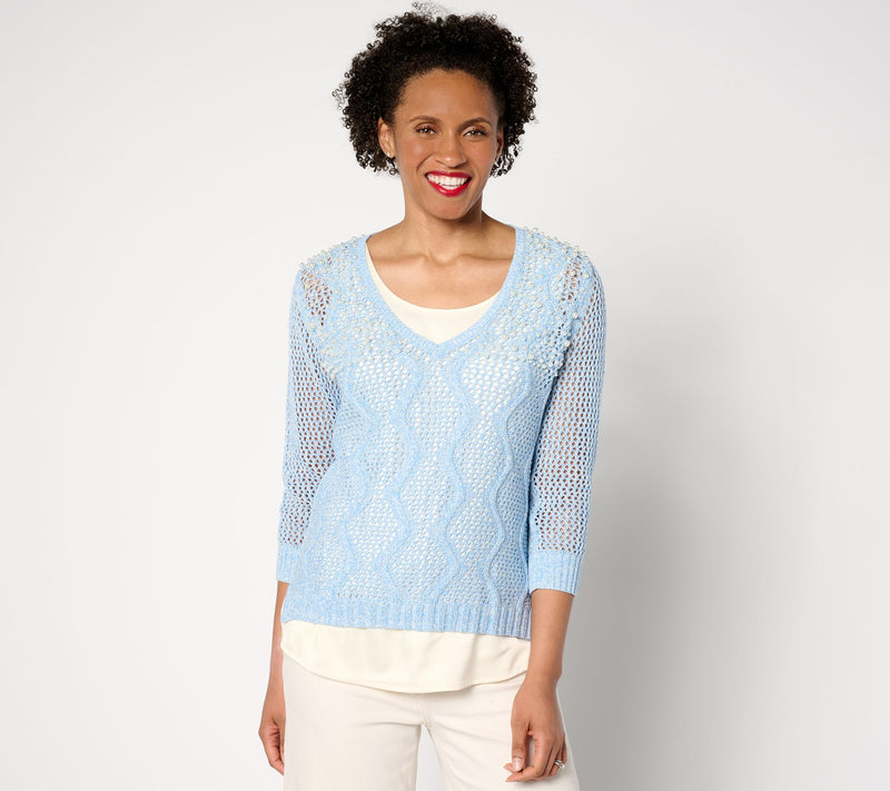 Isaac Mizrahi Live! Wavy Mesh and Charmeuse Twofer Sweater — View 11