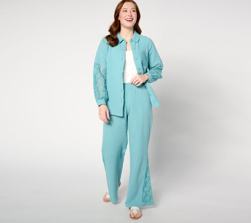 Isaac Mizrahi Live! Bridgehampton Gauze Shirt w/ Crochet Sleeves — View 3