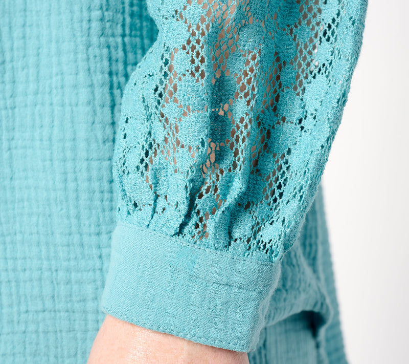Isaac Mizrahi Live! Bridgehampton Gauze Shirt w/ Crochet Sleeves — View 4