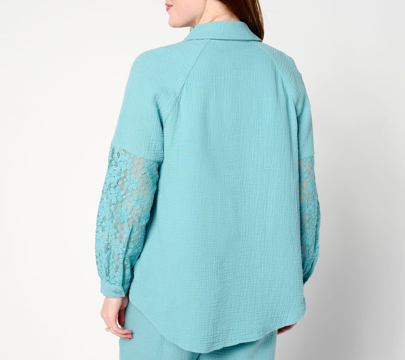 Isaac Mizrahi Live! Bridgehampton Gauze Shirt w/ Crochet Sleeves — View 2