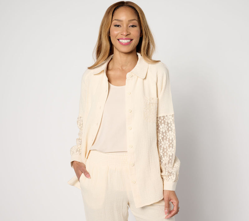 Isaac Mizrahi Live! Bridgehampton Gauze Shirt w/ Crochet Sleeves — View 13
