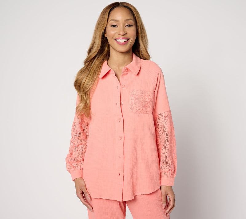 Isaac Mizrahi Live! Bridgehampton Gauze Shirt w/ Crochet Sleeves — View 14