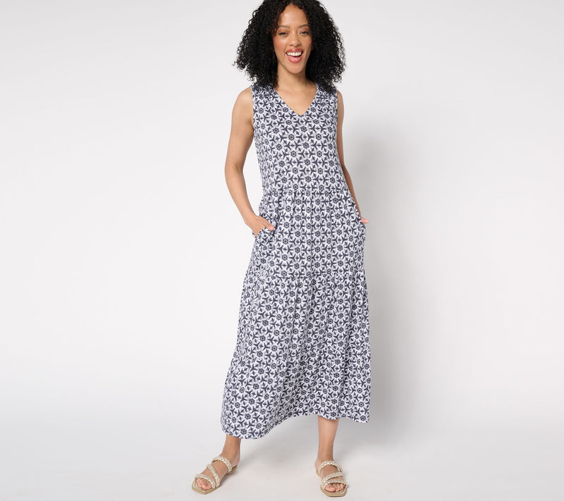 Denim & Co. Regular Printed Linen Blend V-Neck Tiered Midi Dress — View 13