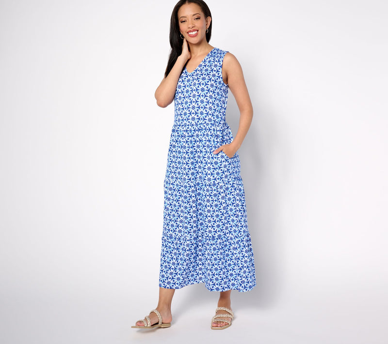 Denim & Co. Regular Printed Linen Blend V-Neck Tiered Midi Dress — View 5