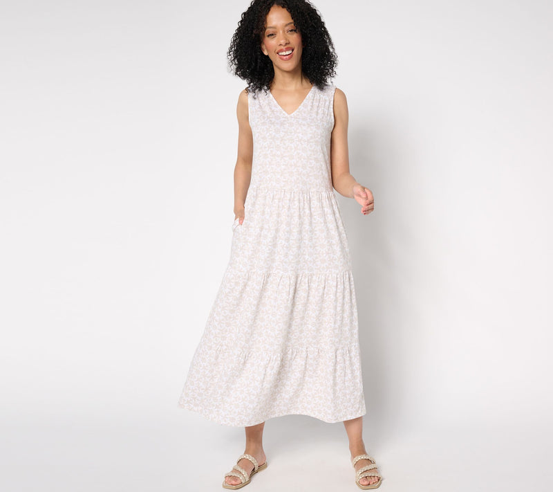 Denim & Co. Regular Printed Linen Blend V-Neck Tiered Midi Dress — View 7