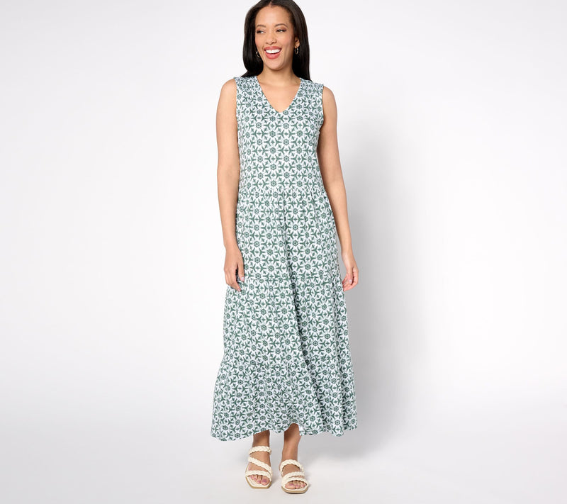 Denim & Co. Regular Printed Linen Blend V-Neck Tiered Midi Dress — View 10