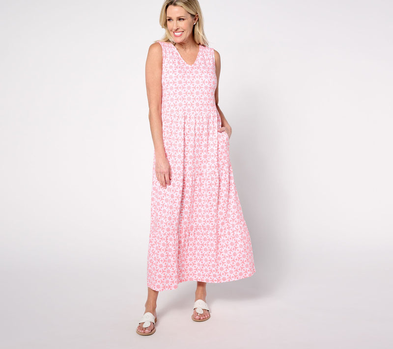 Denim & Co. Regular Printed Linen Blend V-Neck Tiered Midi Dress — View 8