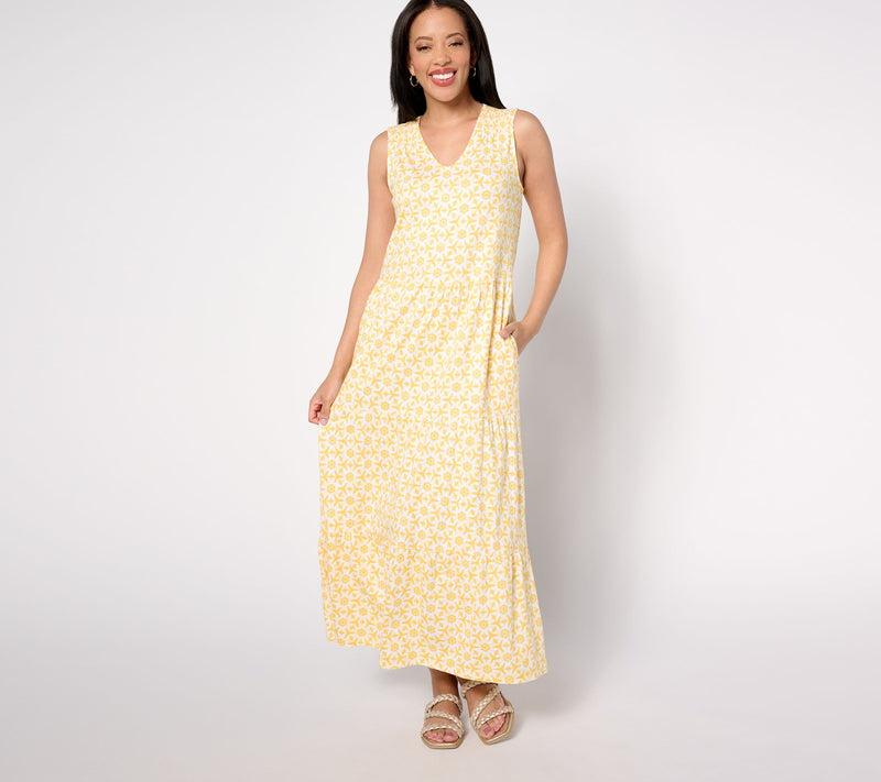 Denim & Co. Regular Printed Linen Blend V-Neck Tiered Midi Dress — View 3