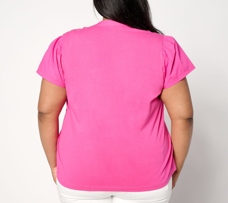 AnyBody Flutter Sleeve Knit & Woven Henley Top — View 3
