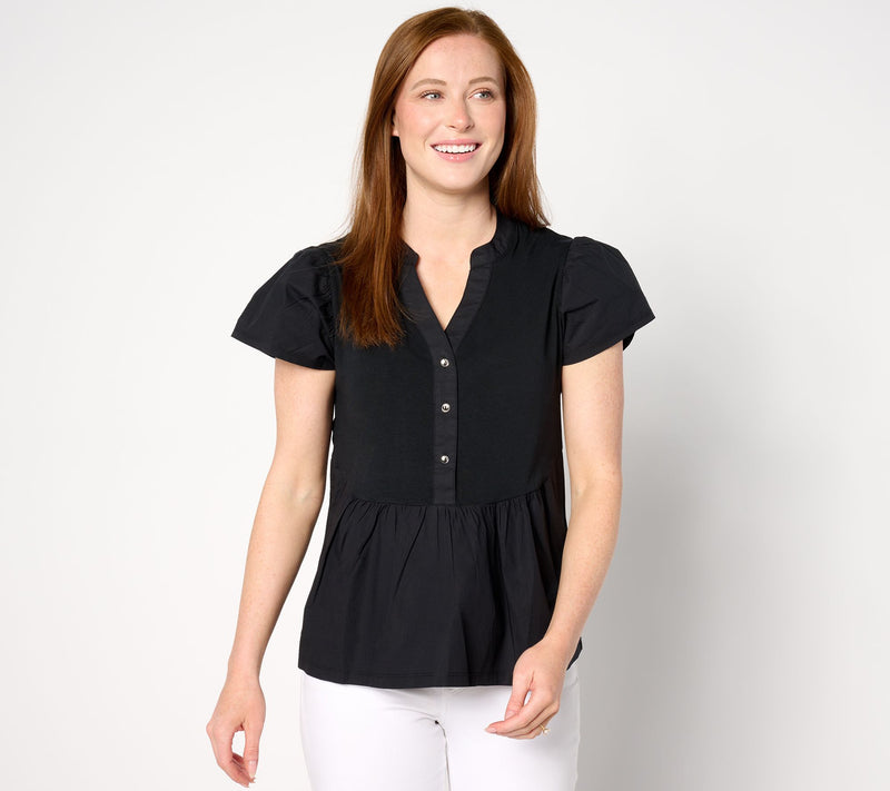 AnyBody Flutter Sleeve Knit & Woven Henley Top — View 11
