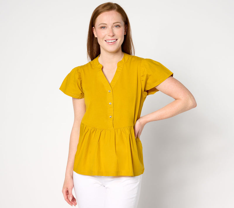 AnyBody Flutter Sleeve Knit & Woven Henley Top — View 12