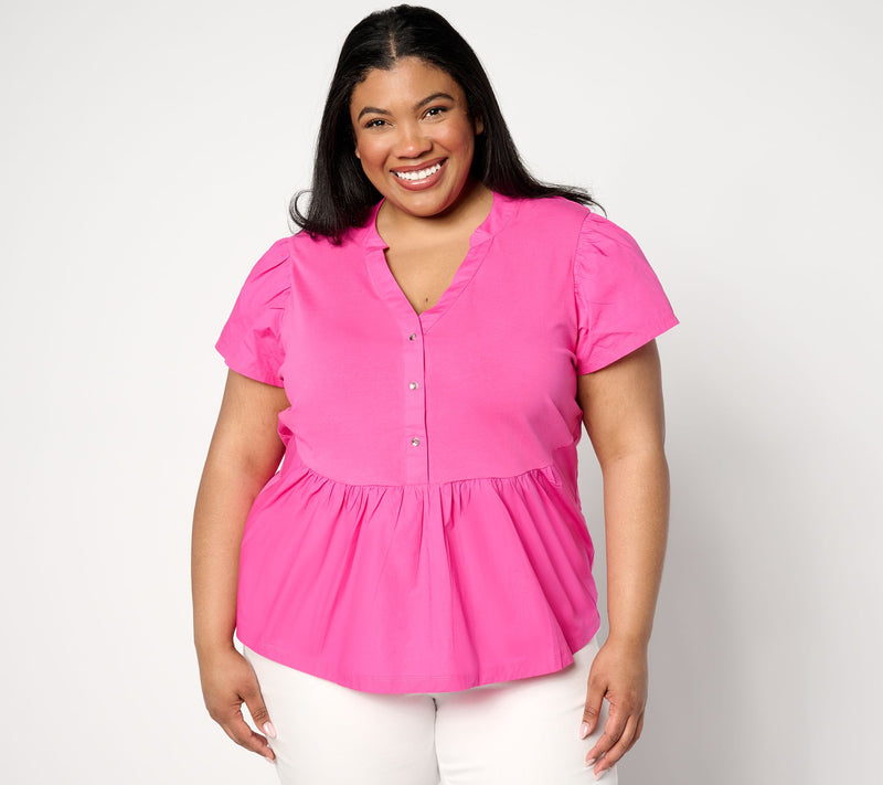 AnyBody Flutter Sleeve Knit & Woven Henley Top — View 2