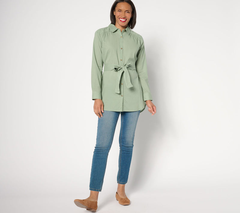 AnyBody Regular Long Sleeve Button Front Woven Tunic with Tie Waist — View 5