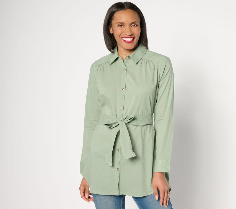 AnyBody Regular Long Sleeve Button Front Woven Tunic with Tie Waist — View 10
