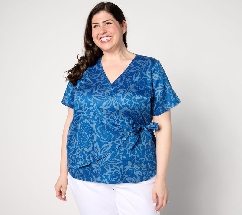 AnyBody Printed Short Sleeve Faux Wrap Woven Top — View 5