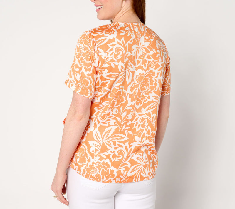 AnyBody Printed Short Sleeve Faux Wrap Woven Top — View 8