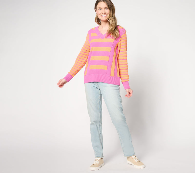 Sport Savvy Mixed Stripe V-Neck Cotton Sweater — View 9