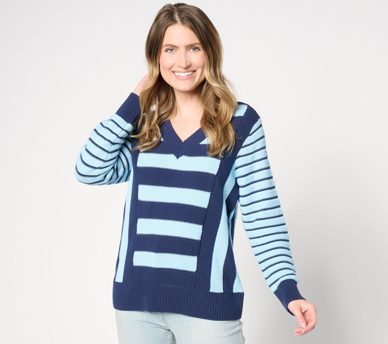 Sport Savvy Mixed Stripe V-Neck Cotton Sweater — View 5