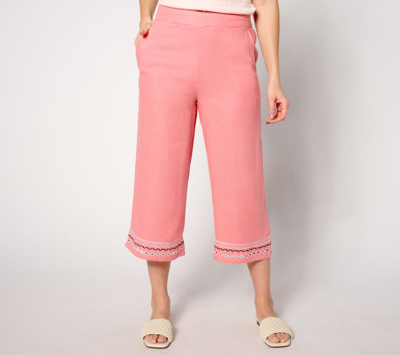 Denim & Co. Naturals Petite Linen Blend Embroidered Capri Pant — Main view