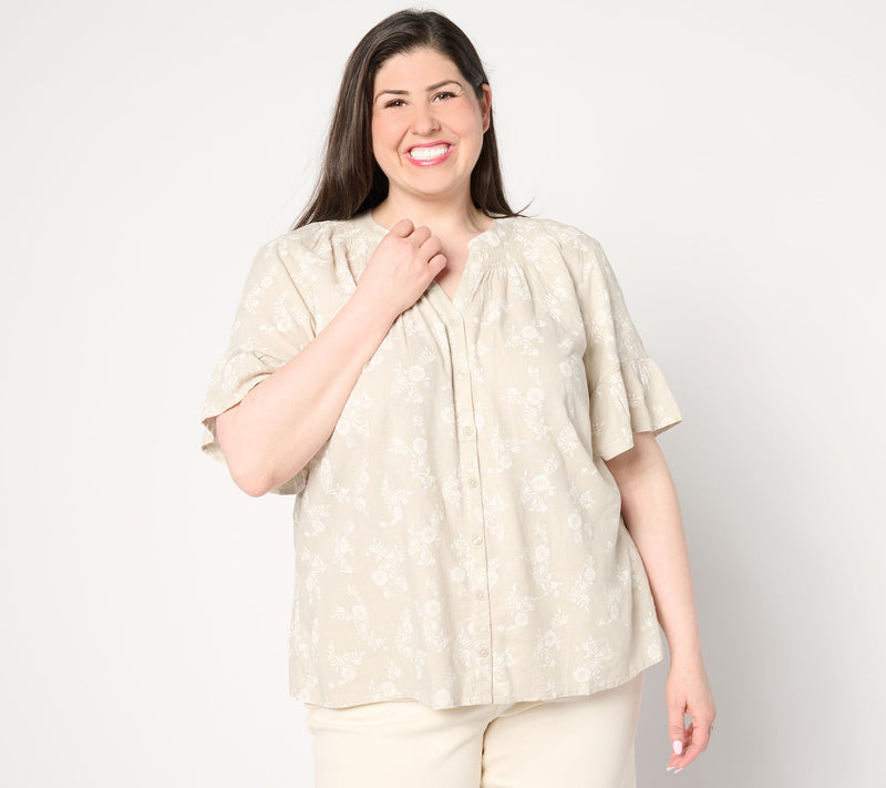 Denim & Co. Naturals Linen Blend Elbow Sleeve Printed Blouse — View 9