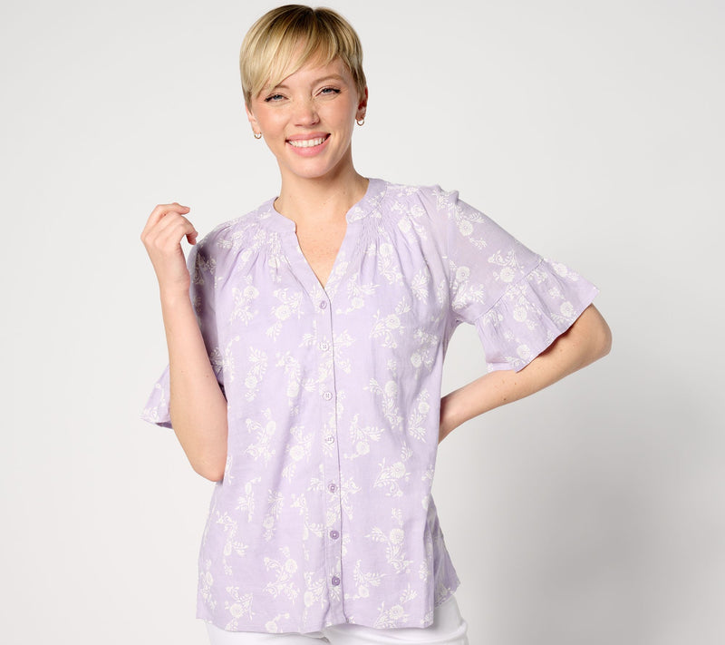 Denim & Co. Naturals Linen Blend Elbow Sleeve Printed Blouse — View 10