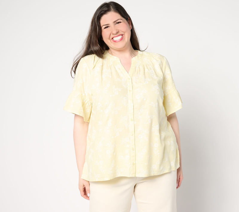 Denim & Co. Naturals Linen Blend Elbow Sleeve Printed Blouse — View 11