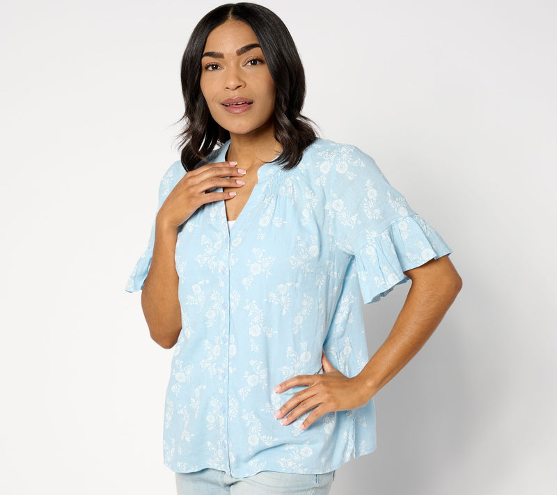 Denim & Co. Naturals Linen Blend Elbow Sleeve Printed Blouse — View 12