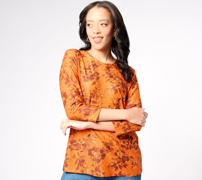 LOGO Layers by Lori Goldstein Printed Eyelet 3/4 Sleeve Top — View 9