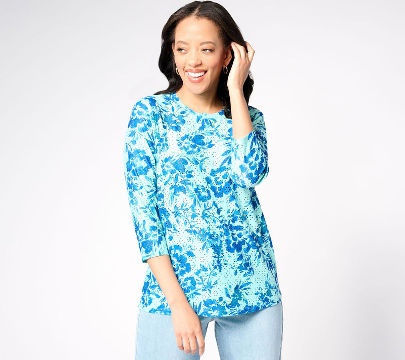 LOGO Layers by Lori Goldstein Printed Eyelet 3/4 Sleeve Top — View 12