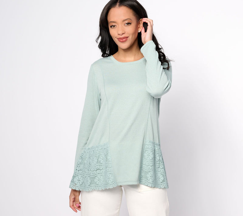 LOGO Linens by Lori Goldstein Scoop Neck Knit Top with Crochet Lace — Main view
