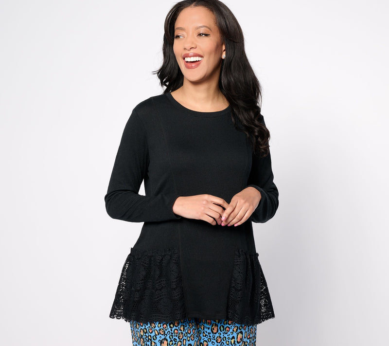 LOGO Linens by Lori Goldstein Scoop Neck Knit Top with Crochet Lace — View 9