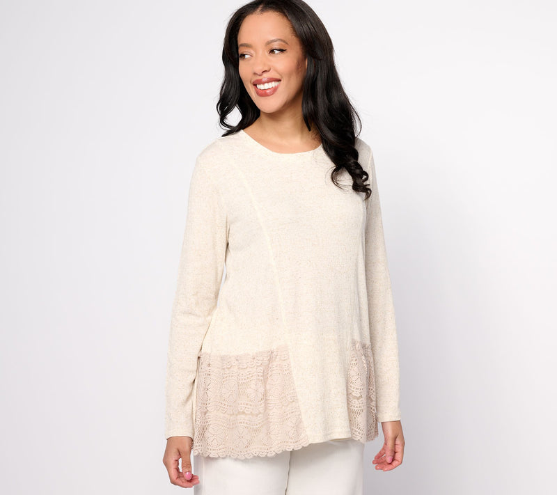 LOGO Linens by Lori Goldstein Scoop Neck Knit Top with Crochet Lace — View 5
