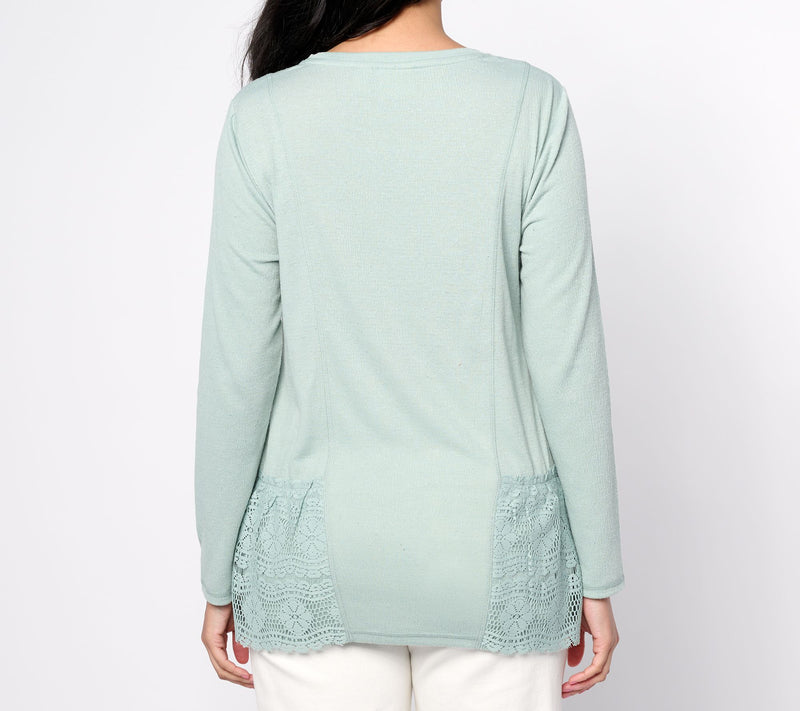 LOGO Linens by Lori Goldstein Scoop Neck Knit Top with Crochet Lace — View 10