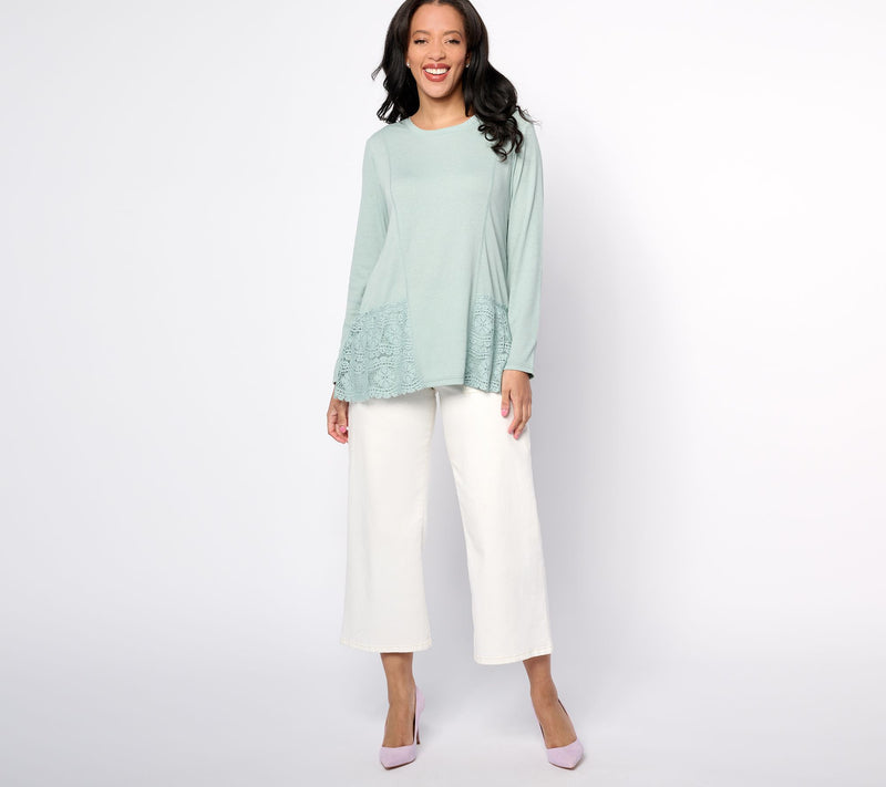 LOGO Linens by Lori Goldstein Scoop Neck Knit Top with Crochet Lace — View 11