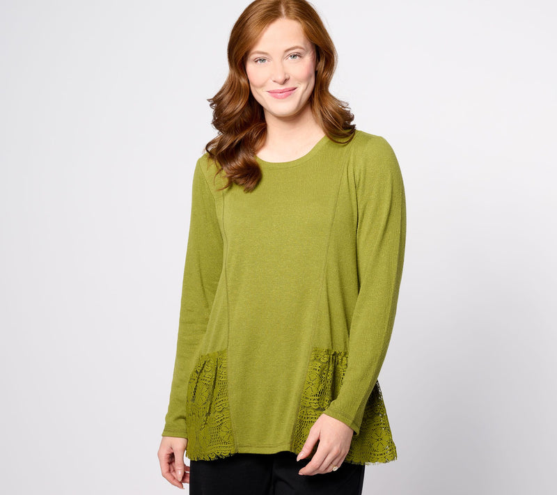 LOGO Linens by Lori Goldstein Scoop Neck Knit Top with Crochet Lace — View 7