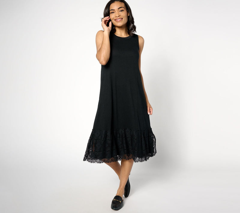 LOGO Linens by Lori Goldstein Regular Knit Dress with Crochet Lace — View 9