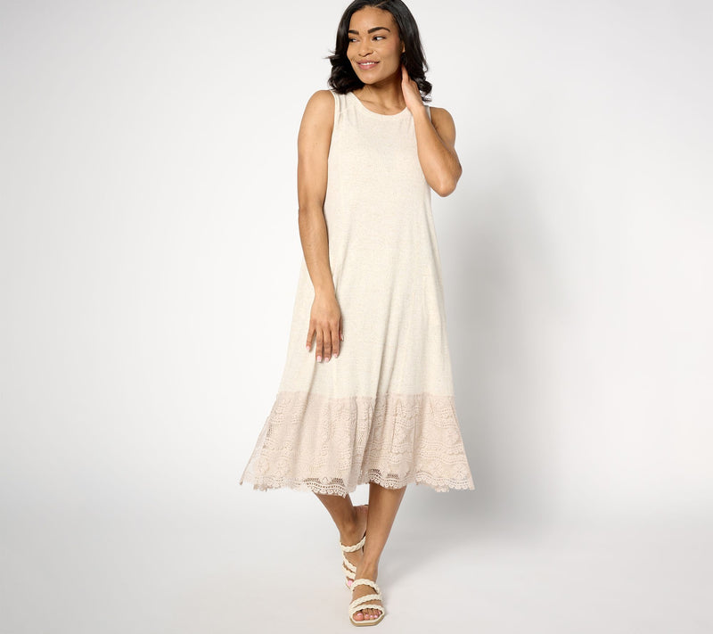LOGO Linens by Lori Goldstein Regular Knit Dress with Crochet Lace — View 5