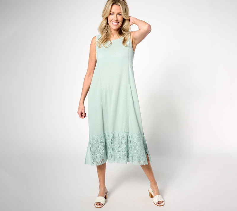 LOGO Linens by Lori Goldstein Petite Knit Dress with Crochet Lace — View 5