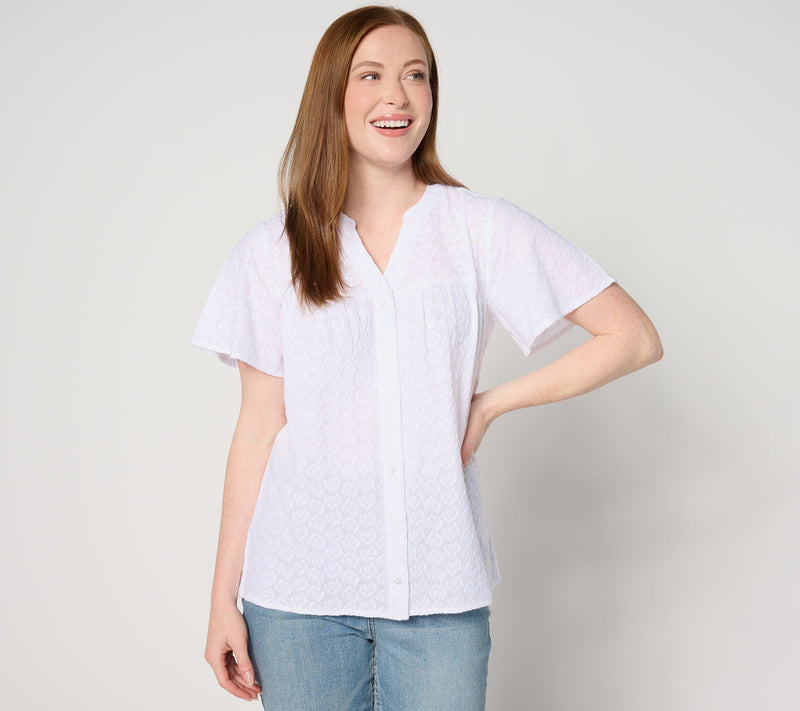 Denim & Co. Allover Embroidered Flutter Sleeve Cotton Blouse — View 11