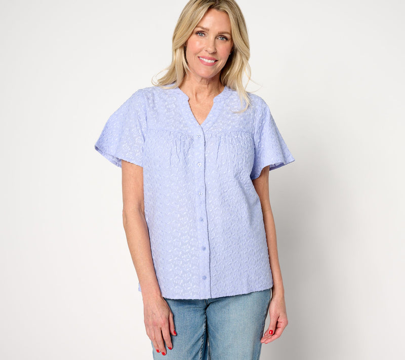Denim & Co. Allover Embroidered Flutter Sleeve Cotton Blouse — Main view